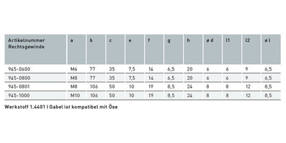 V4A Edelstahl Gabel mit Rechts-Außengewinde