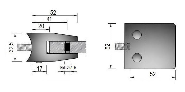 Modell 340 - Zink roh Glasklemme 52 x 52 x 32,5 mm - AbZ