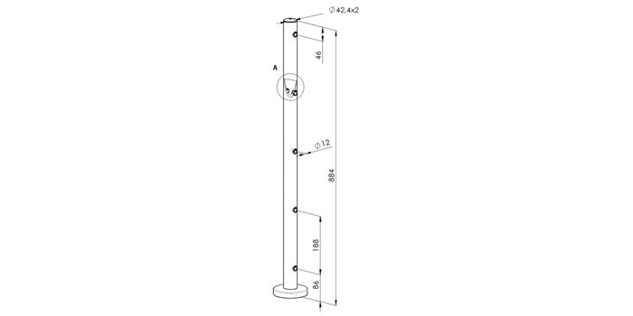 Bodenmontage - V2A Edelstahl Pfosten Ø42,4 x 2,0 mm - 5x Durchgangsbohrung Ø12 mm