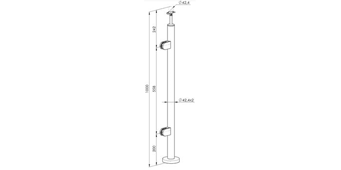 Bodenmontage - V2A Edelstahl Endpfosten LINKS Ø42,4 x 2,0 mm - 2x Glasklemme Modell 220