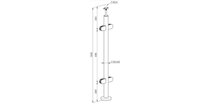 Bodenmontage - V2A Edelstahl Zwischenpfosten Ø42,4 x 2,0 mm - 4x Glasklemme Modell 220