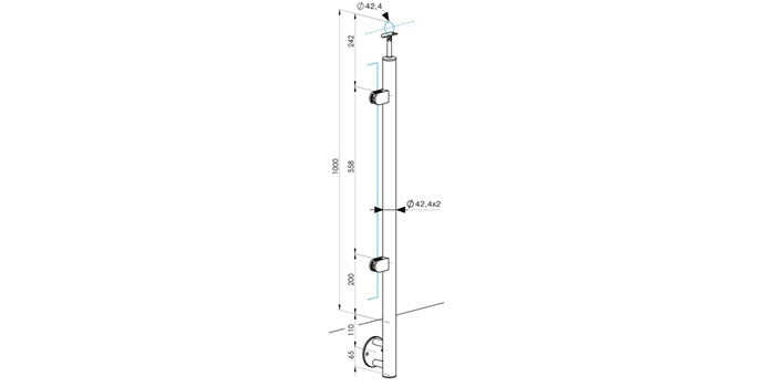 Seitliche Bodenmontage - V2A Edelstahl Endpfosten LINKS Ø42,4 x 2,0 mm - 2x Glasklemme Modell 220