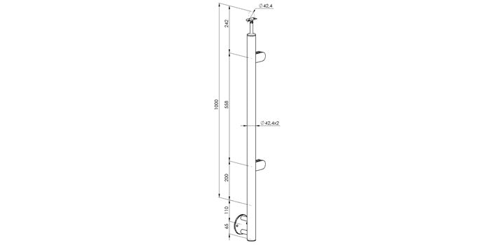 Seitliche Bodenmontage - V2A Edelstahl Endpfosten RECHTS Ø42,4 x 2,0 mm - 2x Glasklemme Modell 220