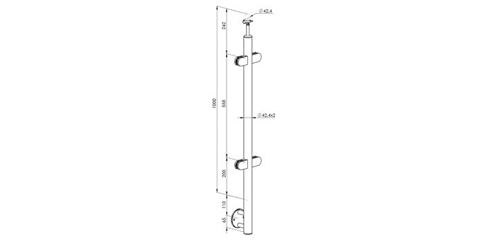 Seitliche Bodenmontage - V2A Edelstahl Zwischenpfosten Ø42,4 x 2,0 mm - 4x Glasklemme Modell 220