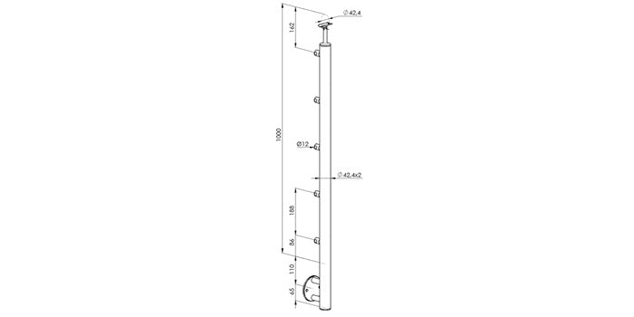 Seitliche Montage - V2A Edelstahl Pfosten Ø42,4 x 2,0 mm - 5x Querstabhalter mit Bohrung Ø12 mm