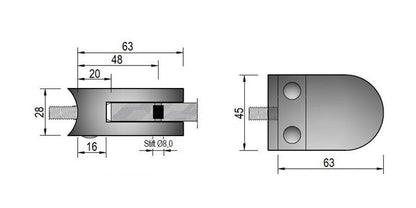 Modell 220 - V2A Edelstahl Glasklemme / Glashalter 63 x 45 x 28 mm mit AbP