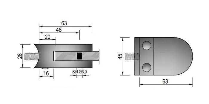 Modell 220 - V4A Edelstahl Glasklemme / Glashalter 63 x 45 x 28 mm mit AbP