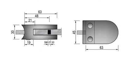 Modell 280B - RAL 9005 - V2A Edelstahl Glasklemme / Glashalter 63 x 45 x 30 mm mit AbP