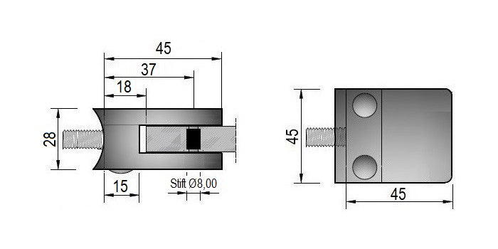 Modell 250 - V2A Edelstahl Glasklemme / Glashalter 45 x 45 x 28 mm mit AbP