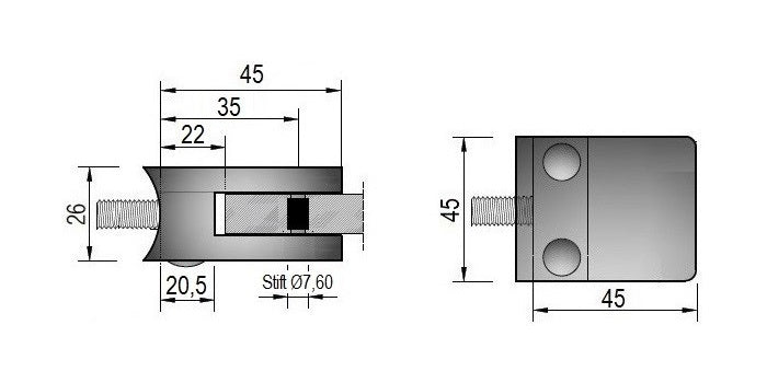 Modell 310 - V4A Edelstahl Glasklemme 45 x 45 x 26 mm - AbZ