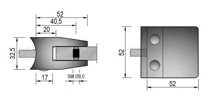 Modell 140 - Zink roh Glasklemme / Glashalter 52 x 52 x 32,5 mm