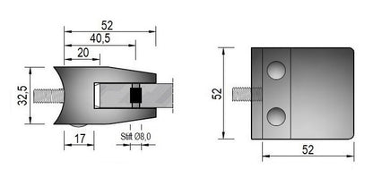 Modell 140 - Zink roh Glasklemme / Glashalter 52 x 52 x 32,5 mm