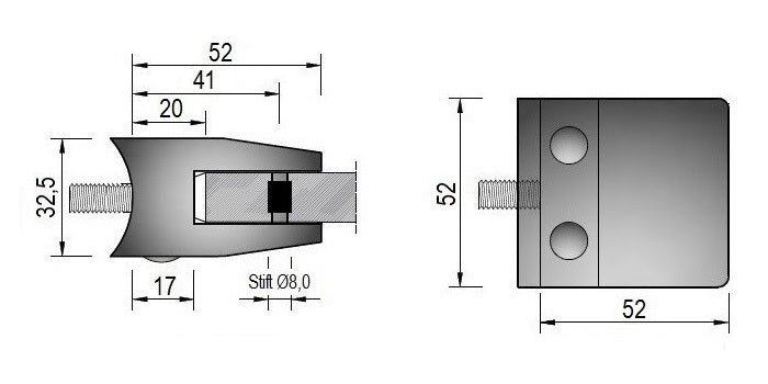 Modell 240B - RAL 9005 - V2A Edelstahl Glasklemme / Glashalter 52 x 52 x 32,5 mm mit AbP