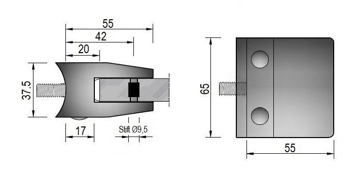 Modell 350 - V2A Edelstahl Glasklemme 55 x 65 x 37,5 mm - AbZ