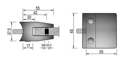 Modell 350 - V2A Edelstahl Glasklemme 55 x 65 x 37,5 mm - AbZ