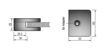 Modell 980 - V2A Edelstahl Glasklemme 60 x 50 x 28 mm - stirnseitige Montage